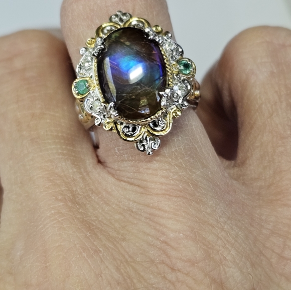 Rare Genuine Ammolite & Emerald Ring in 18k & Sterling Silver Sz 7! π - Picture 5 of 7